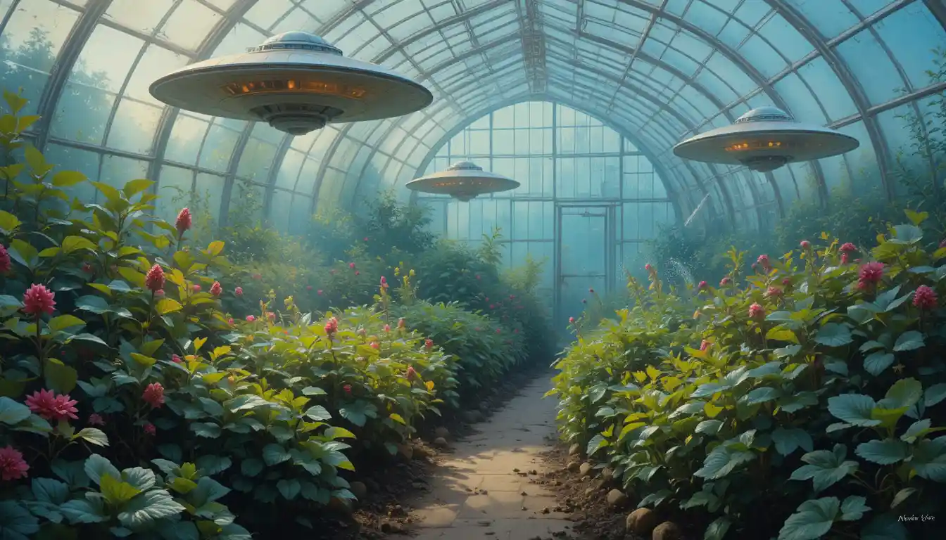 小型幽浮在發光的溫室花園裡照料植物