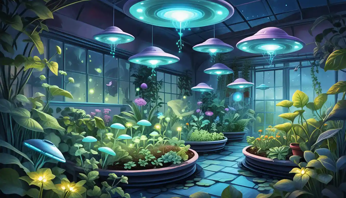 Piccoli UFO che curano le piante in un tranquillo giardino in serra