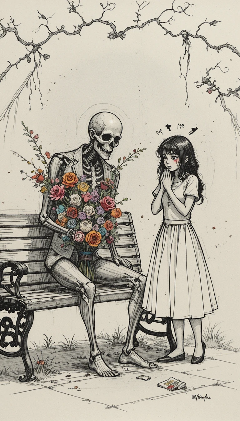Girl shocked by skeleton on park bench with flowers