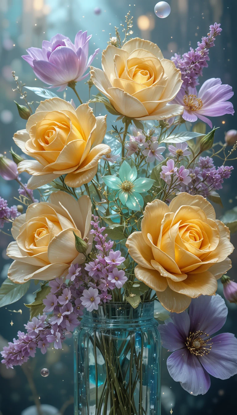 Fantasie-Glasbouquet aus leuchtenden Kristallblumen
