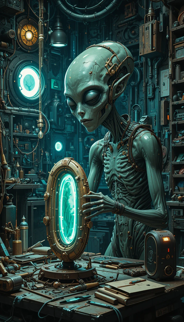 Ingeniero alienígena reparando un dispositivo futurista de viaje en el tiempo