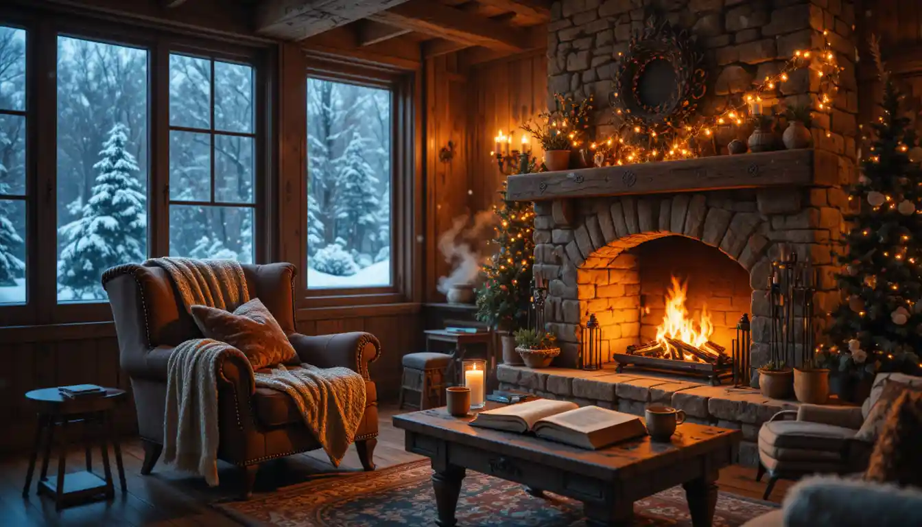 Acogedora Sala de Estar en Cabaña de Invierno con Chimenea Brillante