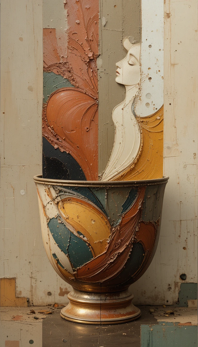 Primo piano in impasto di una tazza antica con doppia esposizione