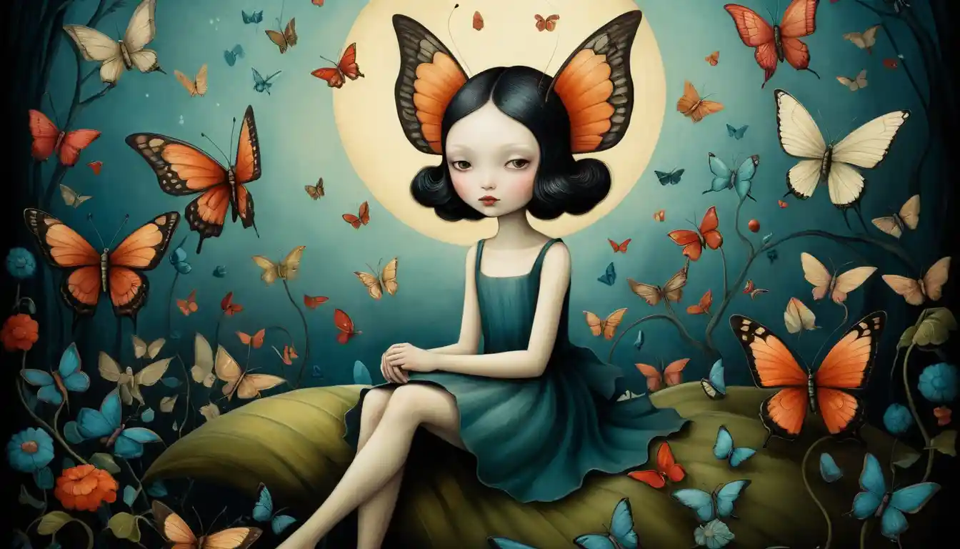 Whimsical dreamlike illustration of colorful butterflies