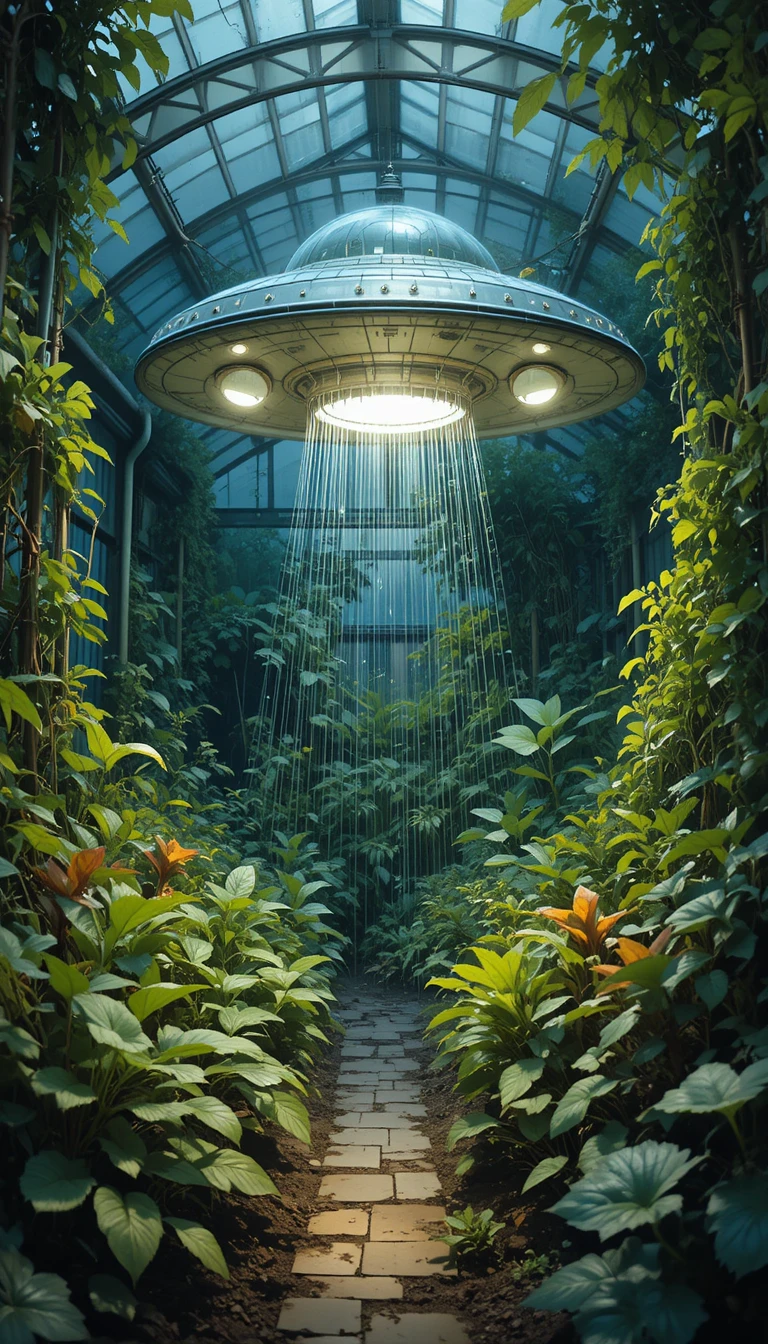 UFO hovering over a lush greenhouse garden at night
