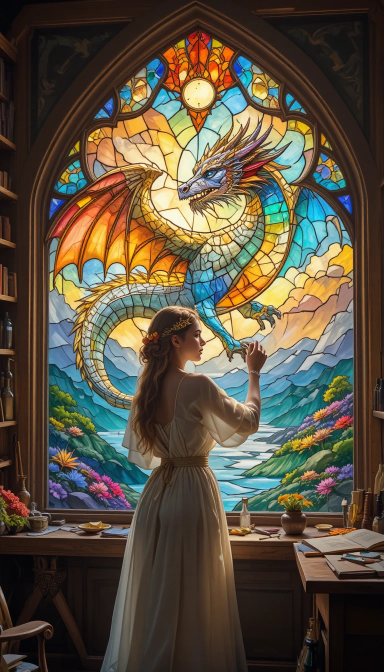 Mulher criando uma janela de vitral de dragão à luz do sol