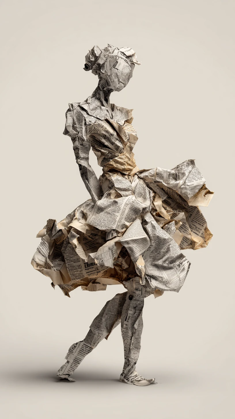 Mujer surrealista formada con papel de periódico arrugado sobre fondo minimalista