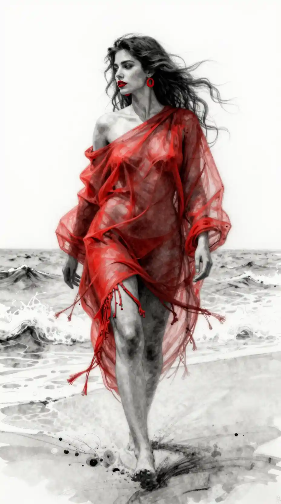 Elegante donna con drappo rosso che cammina sulla riva dell’oceano