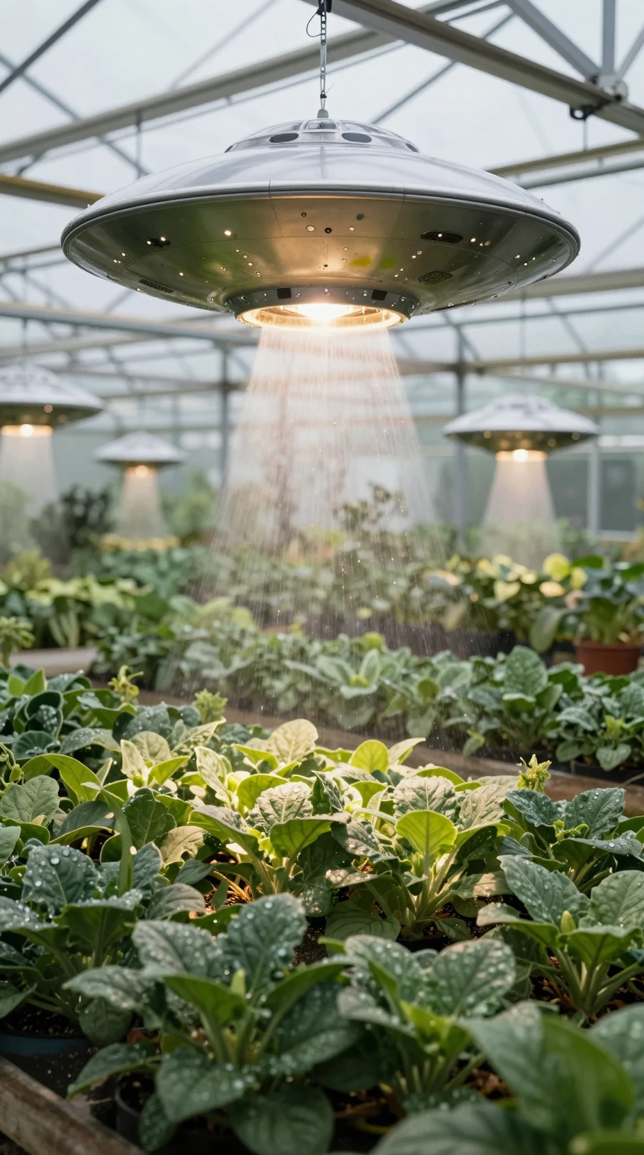 Small ufos tending plants in a mysterious garden greenhouse