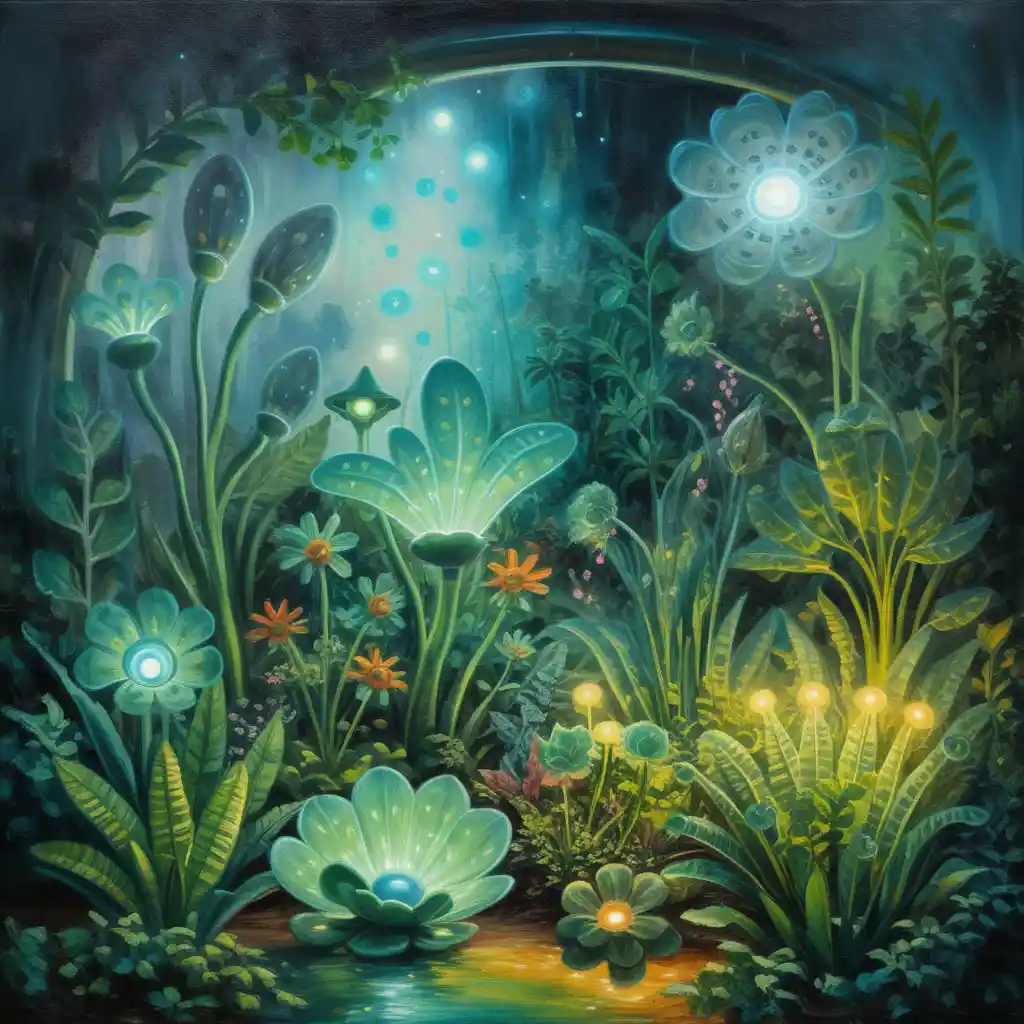 Small ufos tending plants in a glowing garden greenhouse