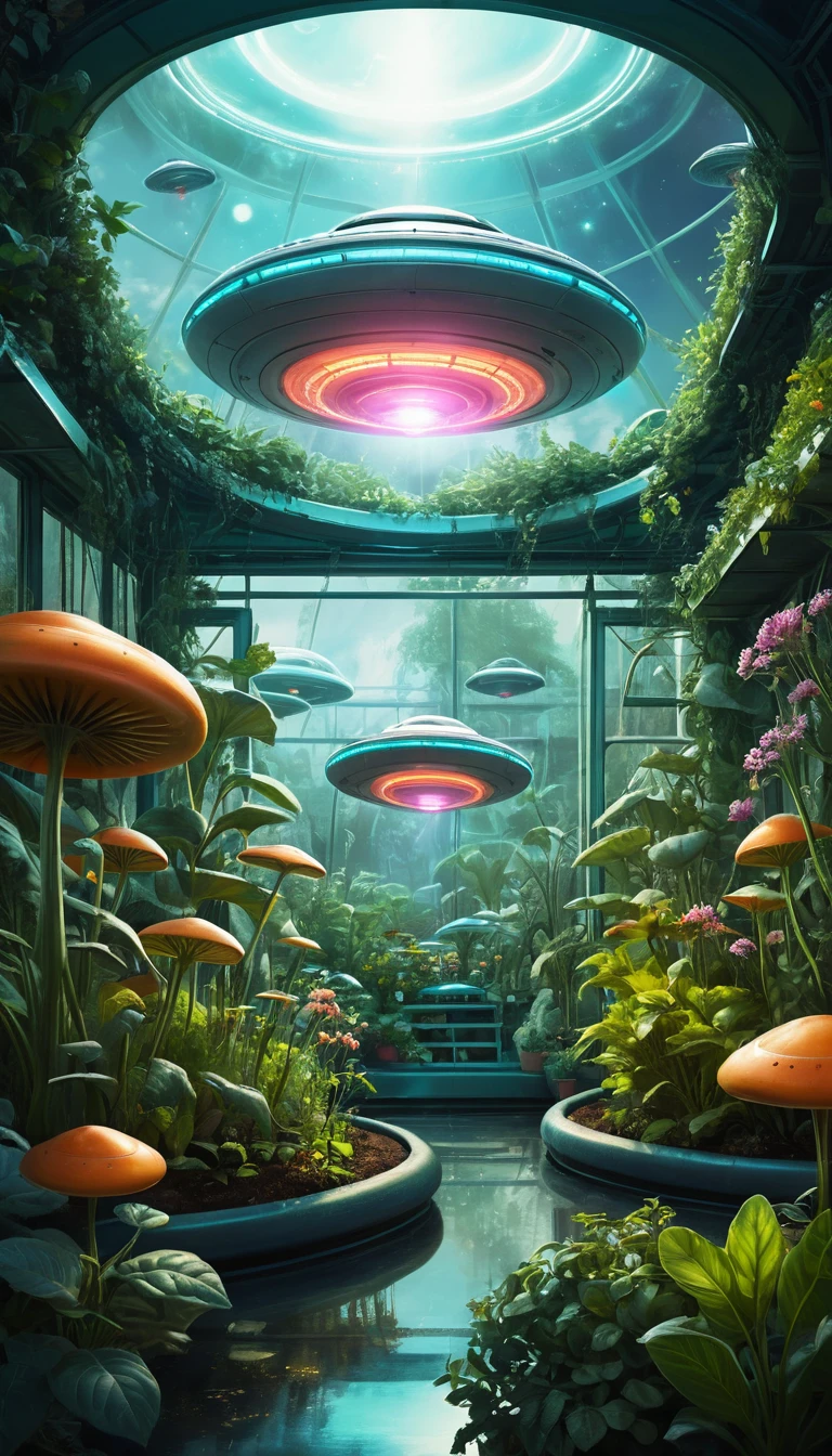 Small ufos tending plants in a quiet greenhouse garden