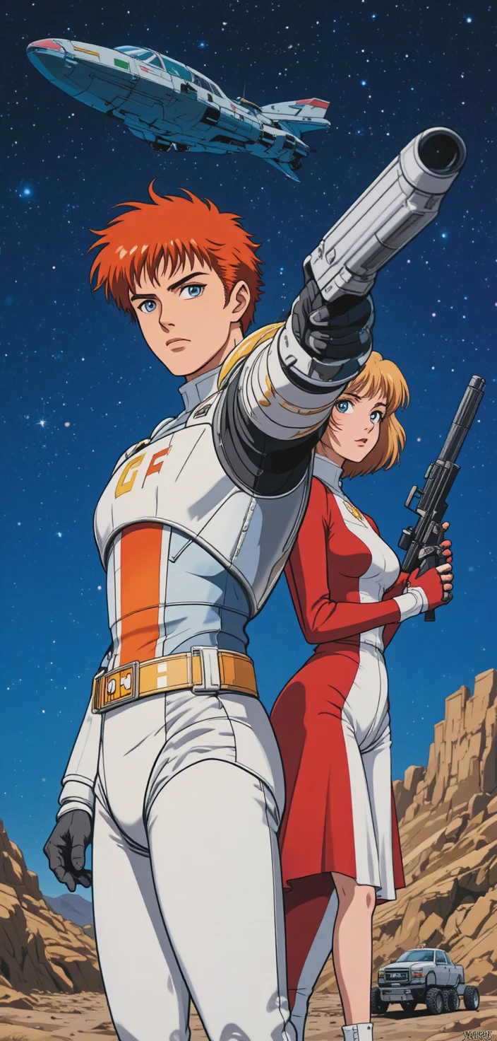 Heróis espaciais de anime retrô apontando blasters para o espectador