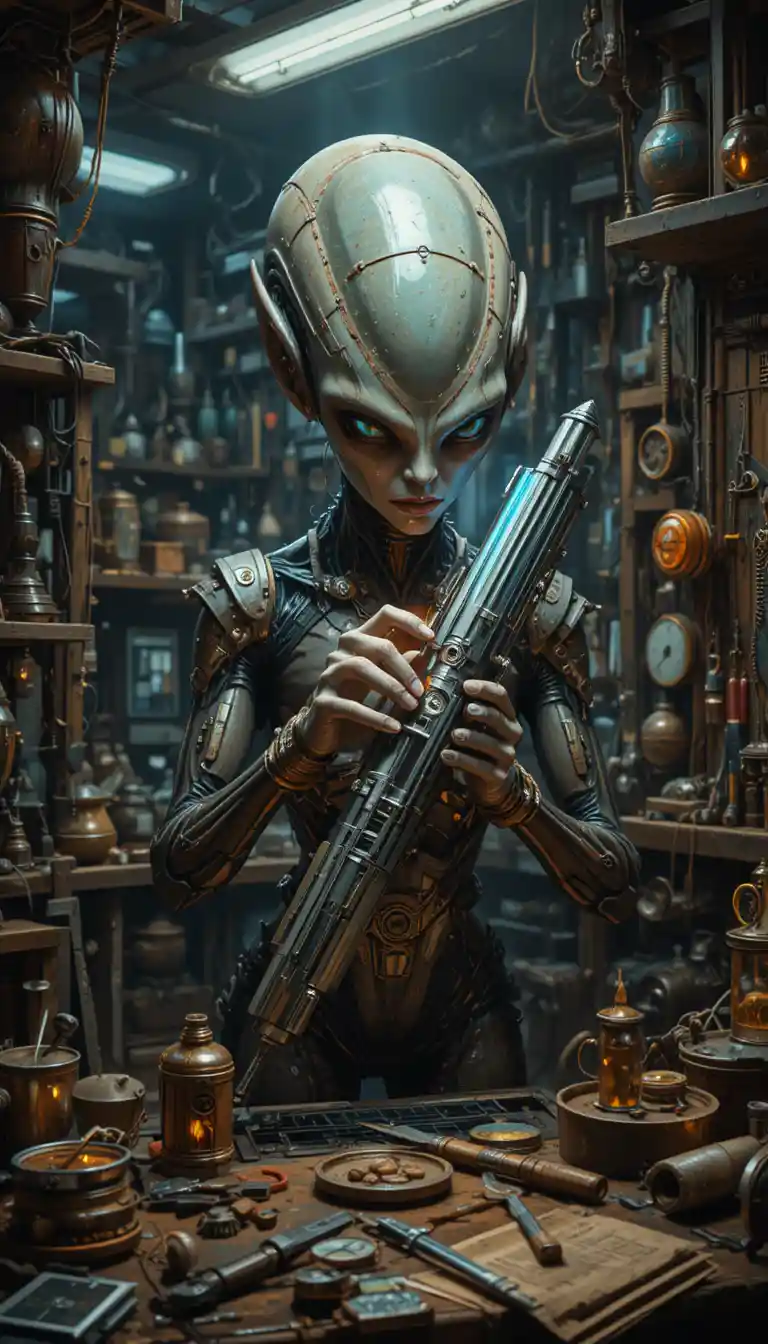 Alien focado reparando um dispositivo futurista de viagem no tempo