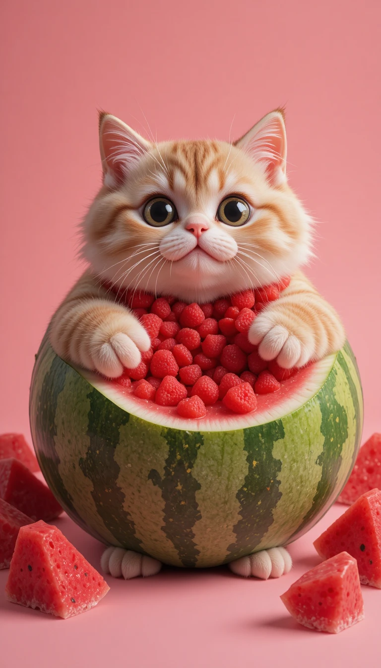 Niedliche kugelförmige 3D-Katze, umgeben von saftigen Wassermelonen