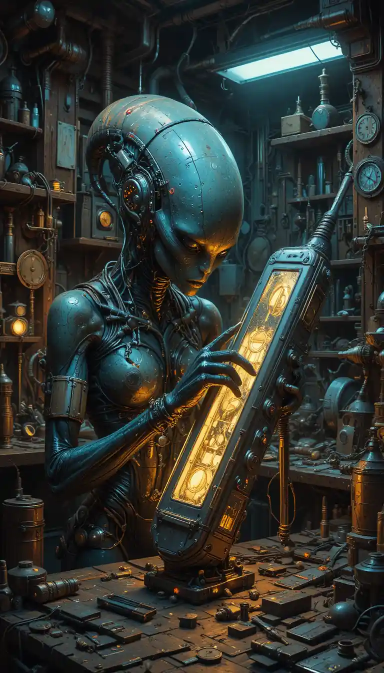 Ingegnere alieno che ripara un dispositivo futuristico per i viaggi nel tempo