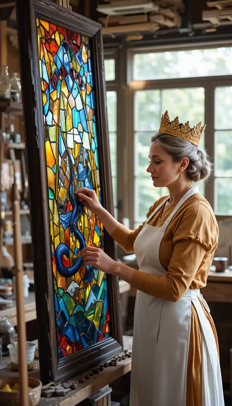 Woman artist crafting a colorful stained glass dragon window