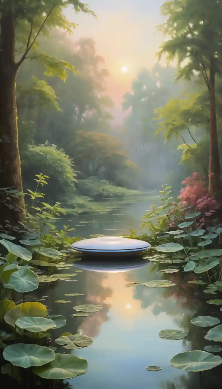 Mystical garden watched over by glowing flying saucers