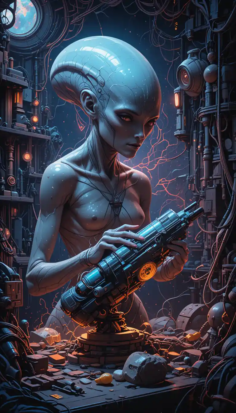 Alien reparando un dispositivo de tiempo futurista en un taller oscuro