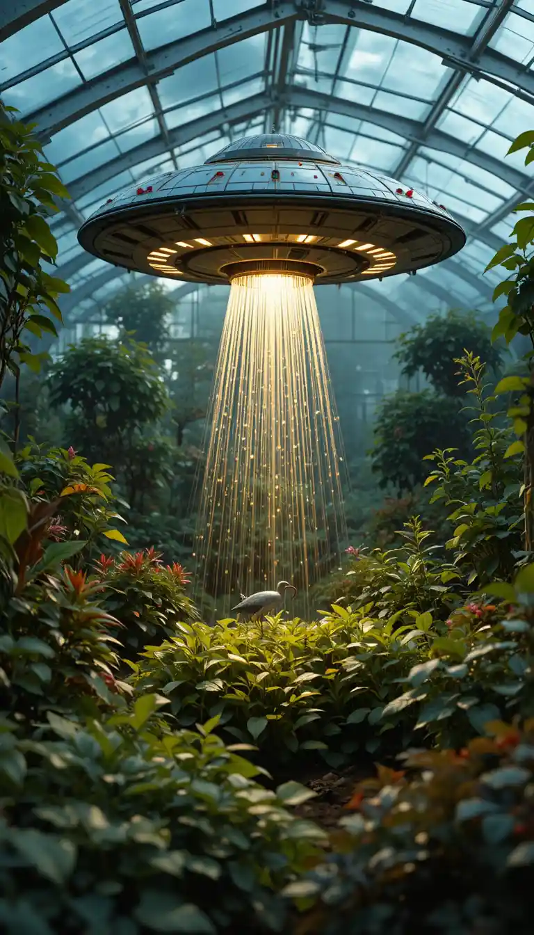 UFO Flying Above Greenhouse Garden Illuminating Plants