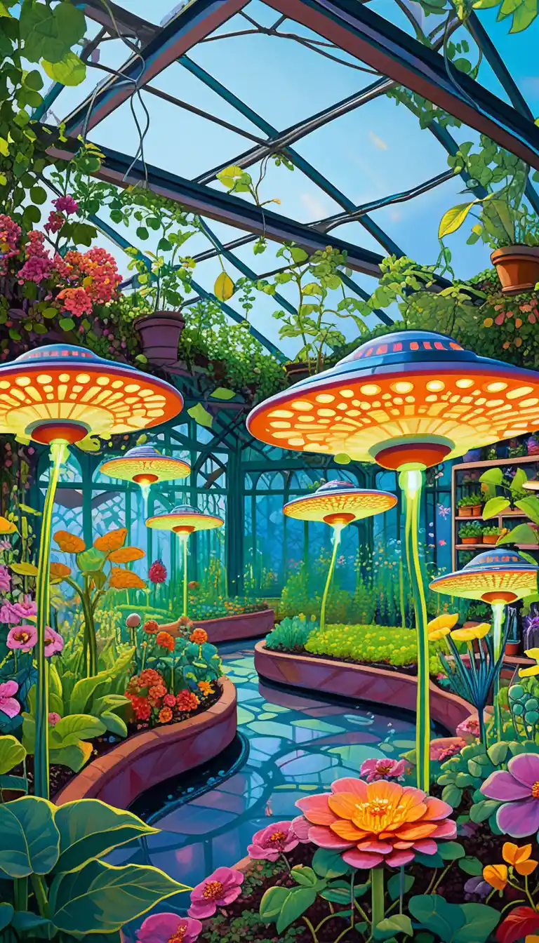 Small ufos tending plants in a glowing garden greenhouse