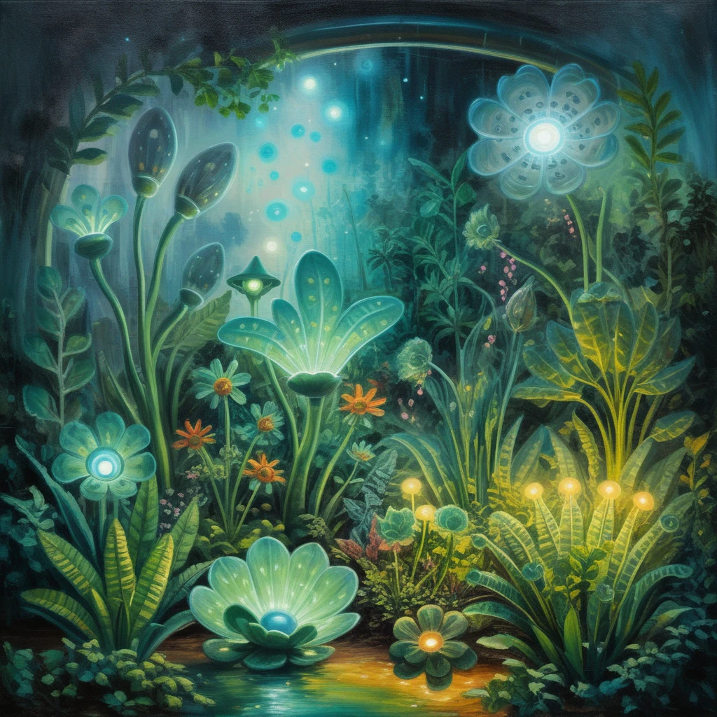 Small ufos tending plants in a glowing garden greenhouse