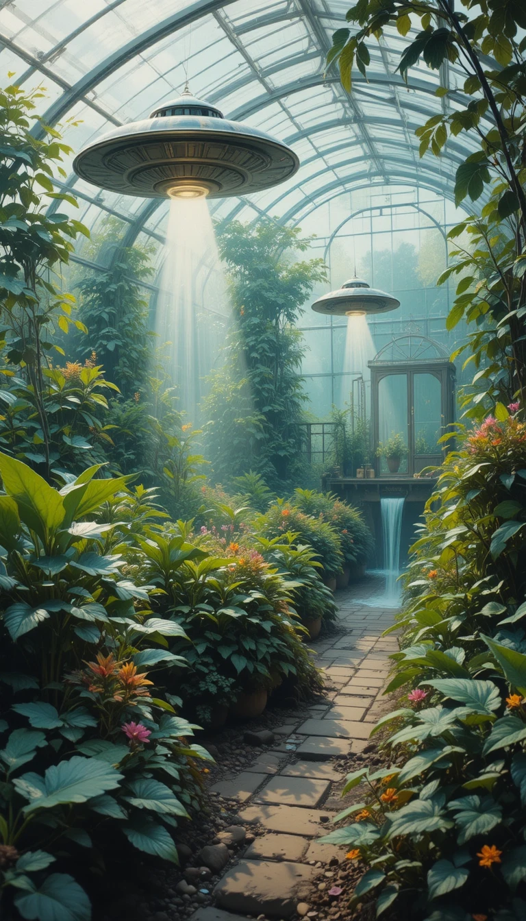 Small ufos tending plants in a peaceful garden greenhouse