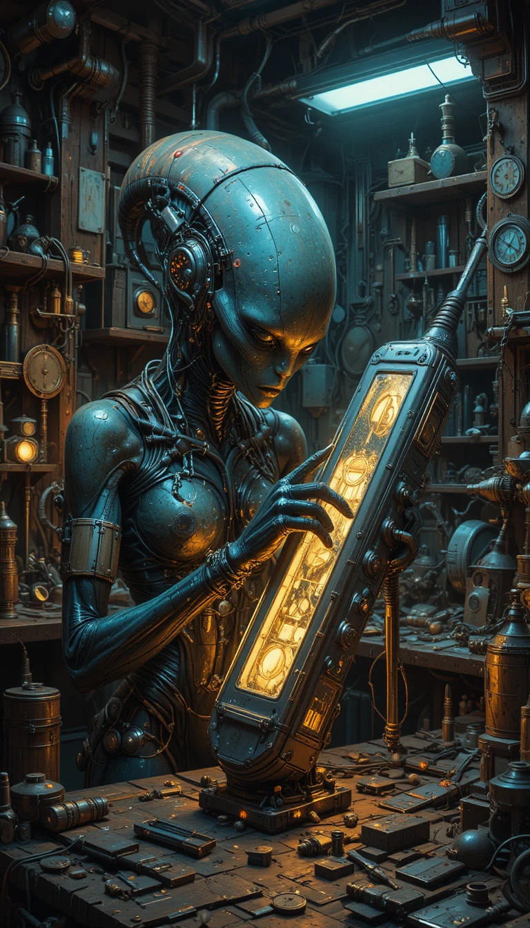 Ingegnere alieno che ripara un dispositivo futuristico per i viaggi nel tempo