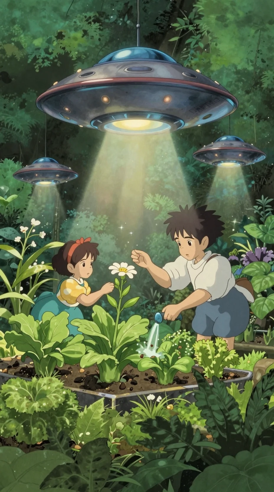 Tiny ufos tending plants in a magical greenhouse garden