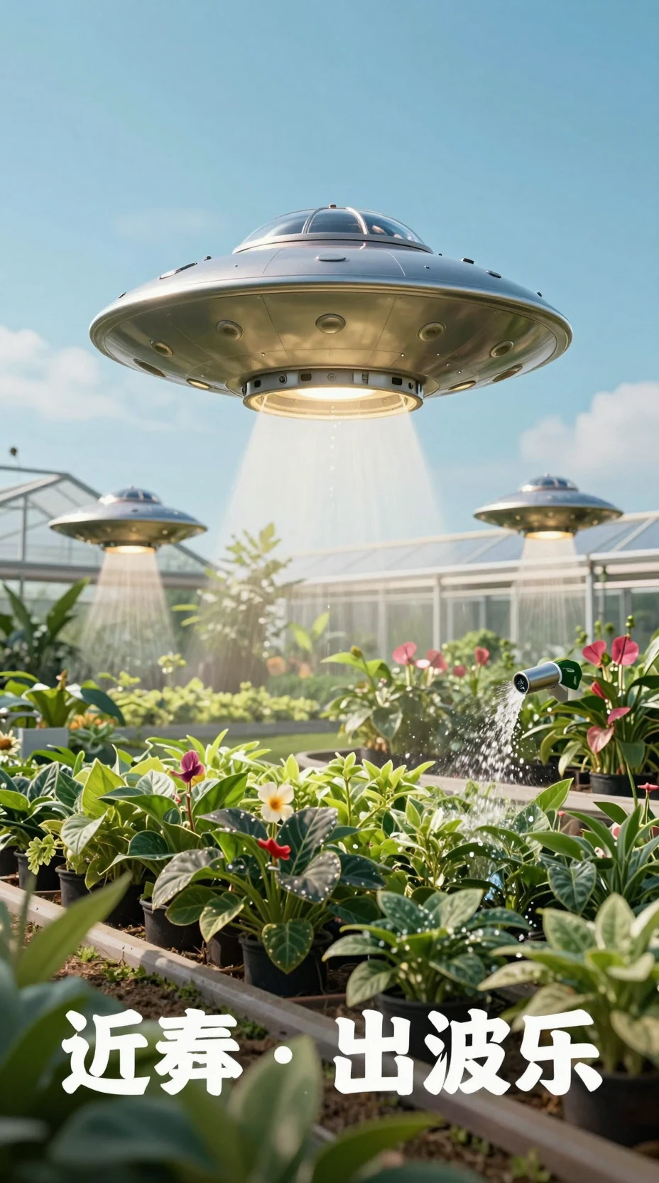 Small ufos tending plants in a glowing garden greenhouse