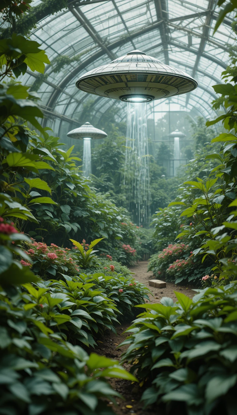 Small ufos tending plants in a glowing garden greenhouse
