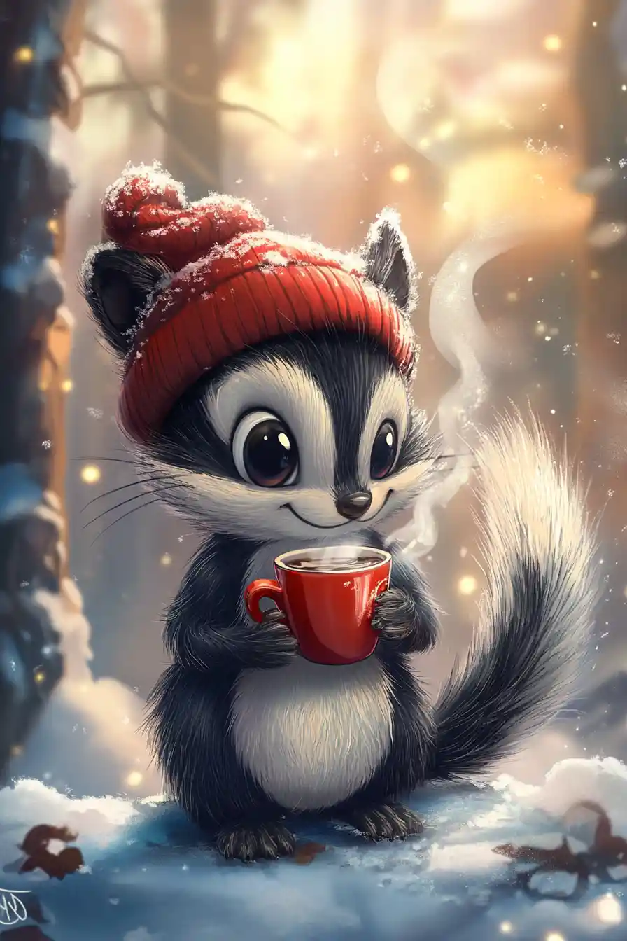 Moufette d’anime mignonne avec un café dans une forêt enneigée