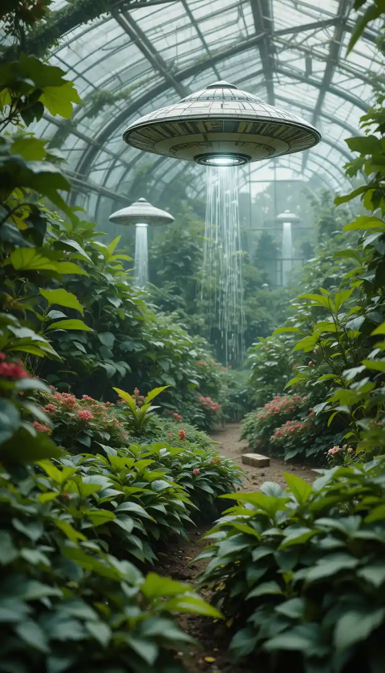 Small ufos tending plants in a glowing garden greenhouse