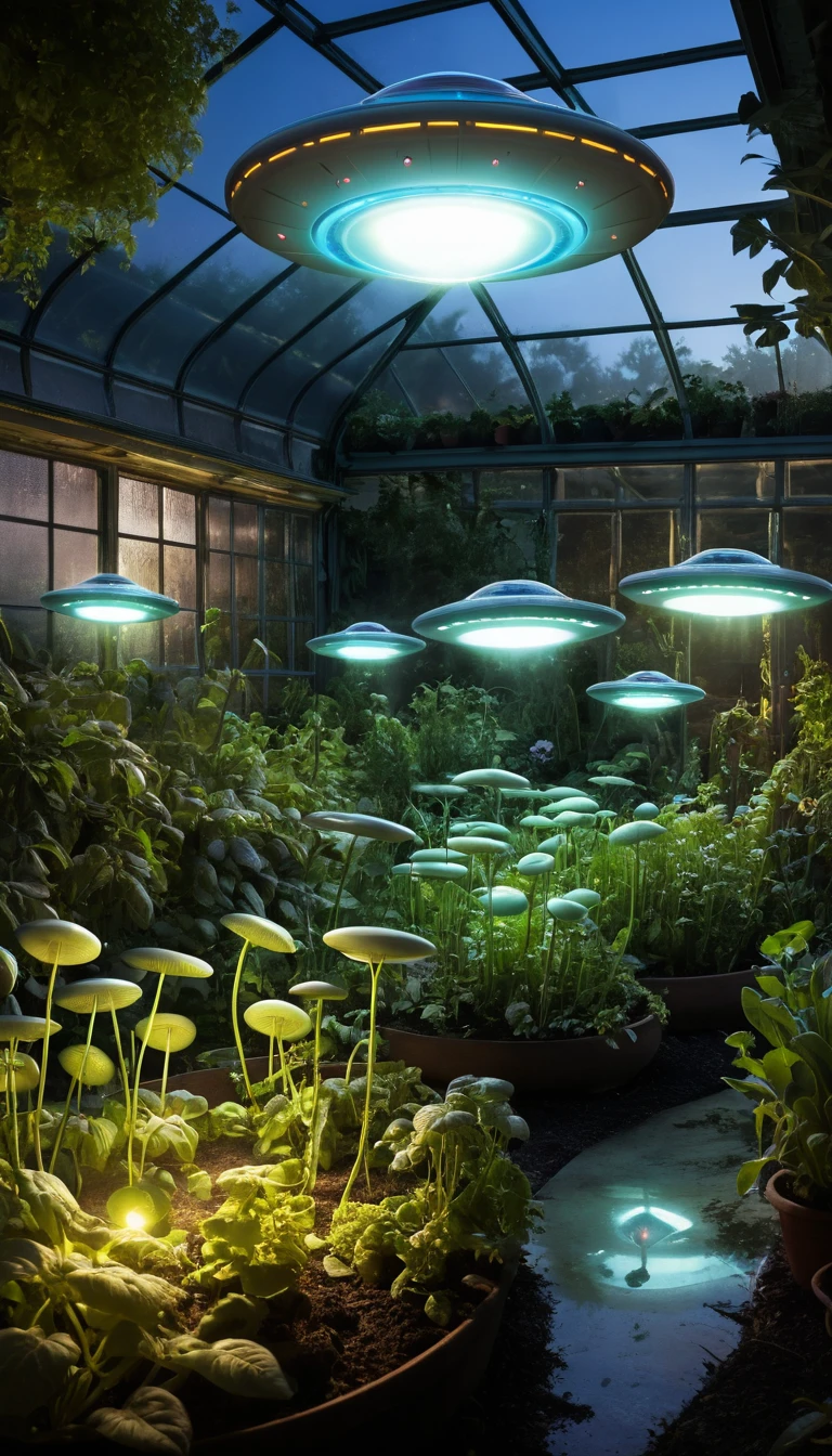 Small ufos tending plants in a glowing garden greenhouse