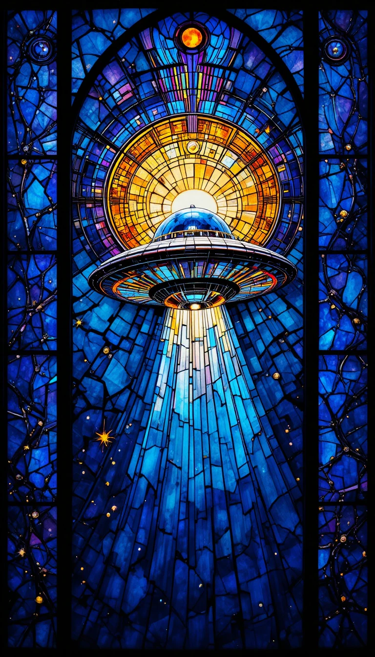Stained Glass Window Of A UFO In A Luminous Night Sky