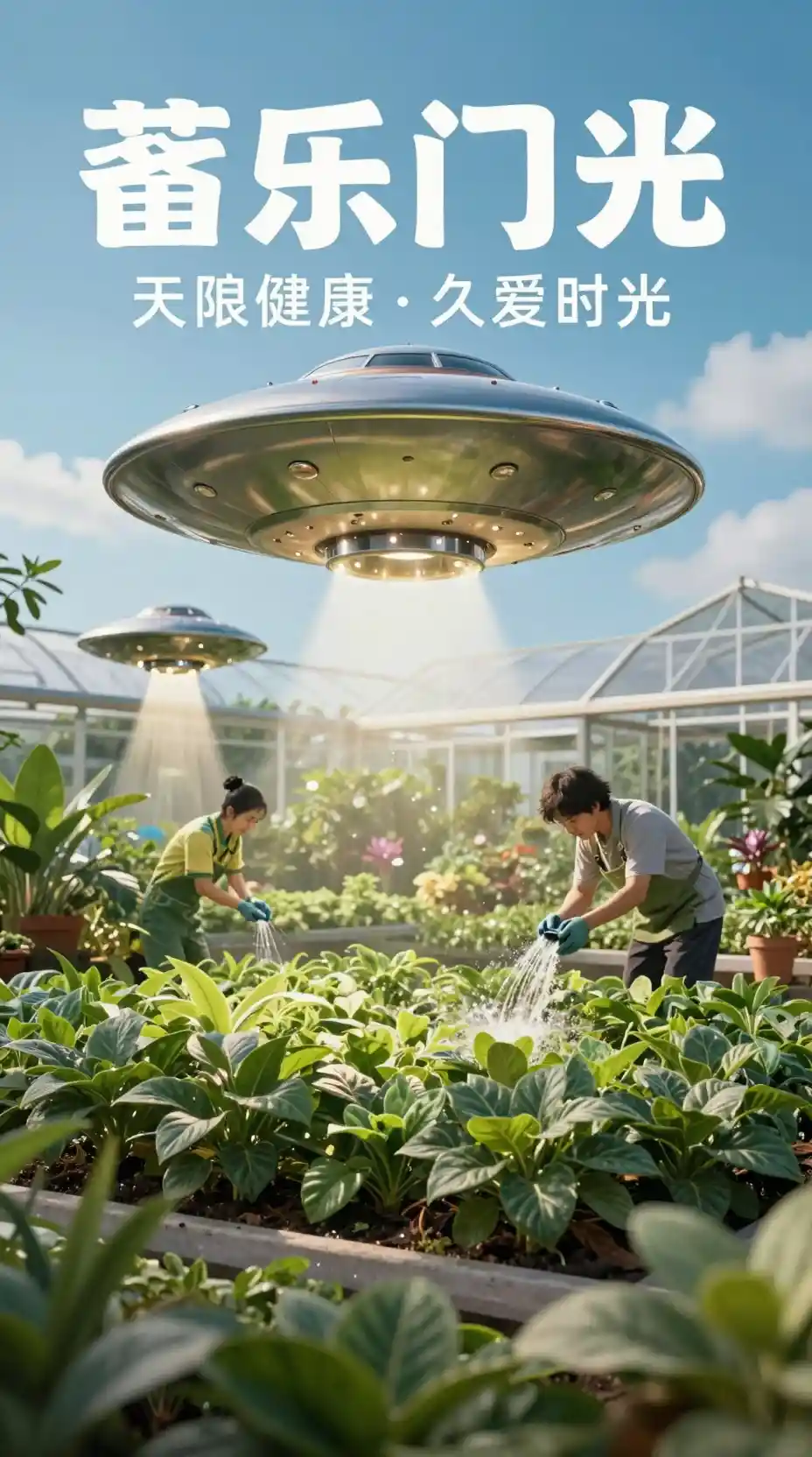 Small ufos tending plants in a quiet greenhouse garden