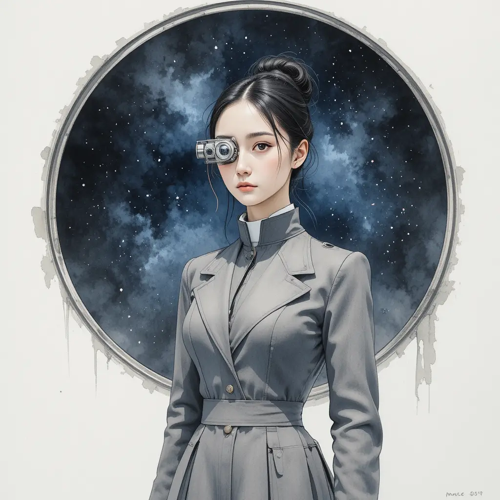 Watercolor portrait of a monocled woman before a starry void