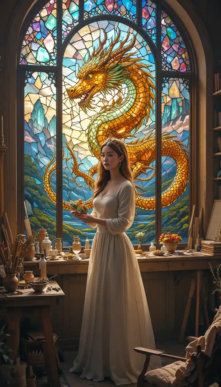 Mujer creando una ventana de dragón en vitral en un estudio acogedor