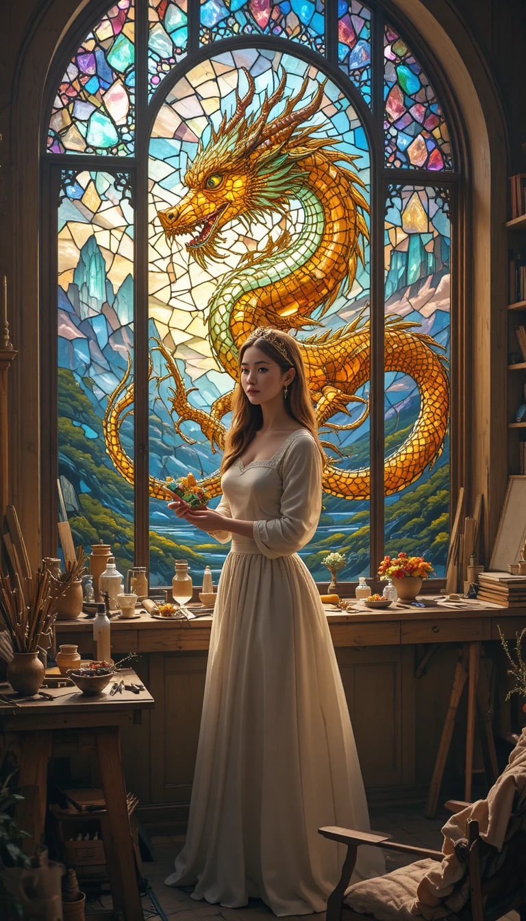Mulher criando uma janela de dragão em vitral em um estúdio aconchegante