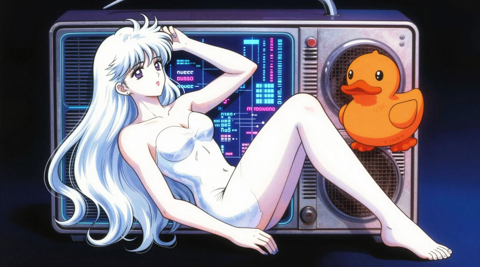 Fata cyborg che riposa su radio al neon in stile manga retrò