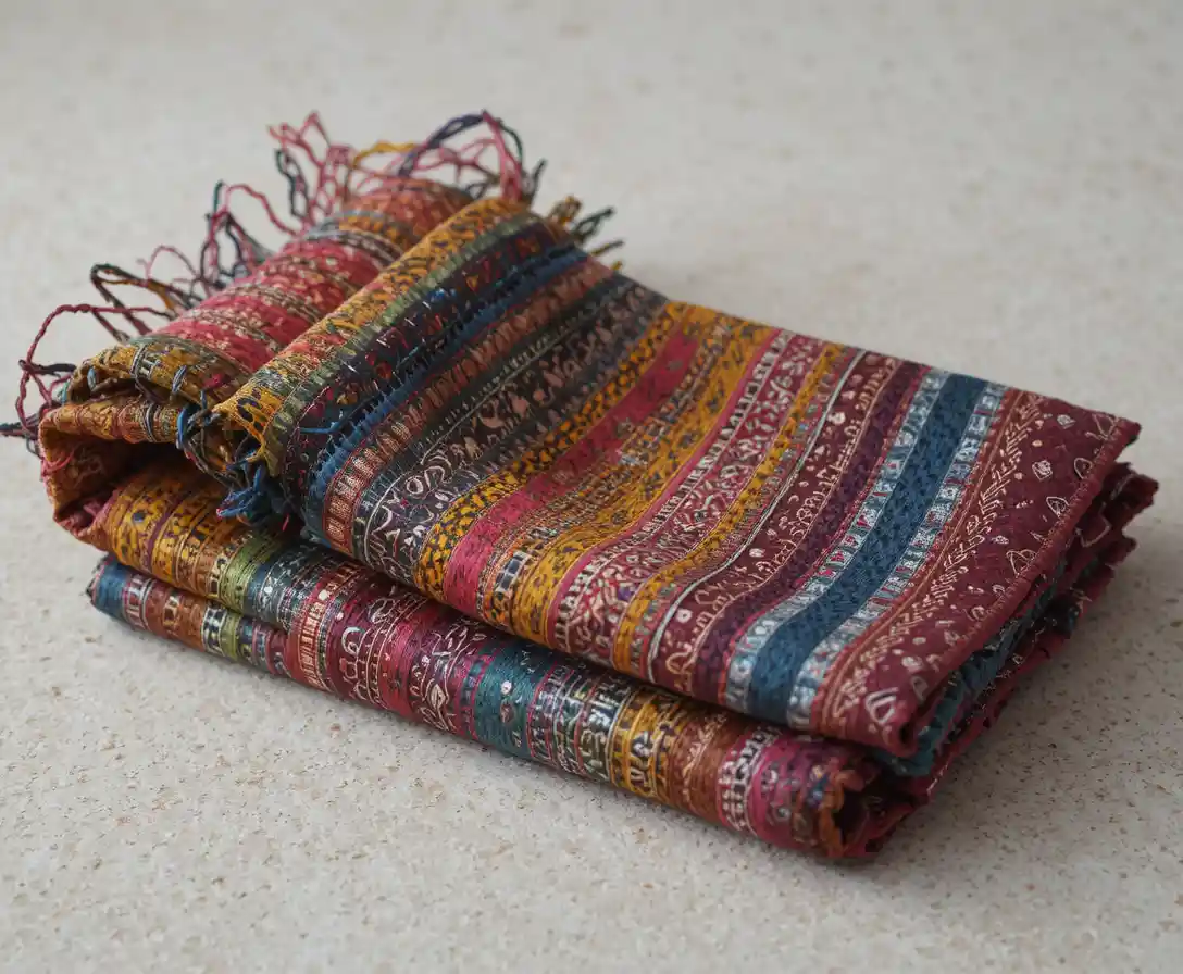 Tecido de sarong colorido dobrado com padrões tecidos intrincados