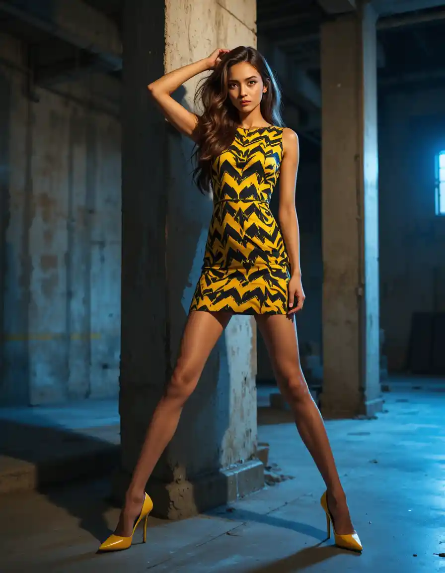 Selbstbewusstes Model im gelben Zickzackkleid in industrieller Umgebung