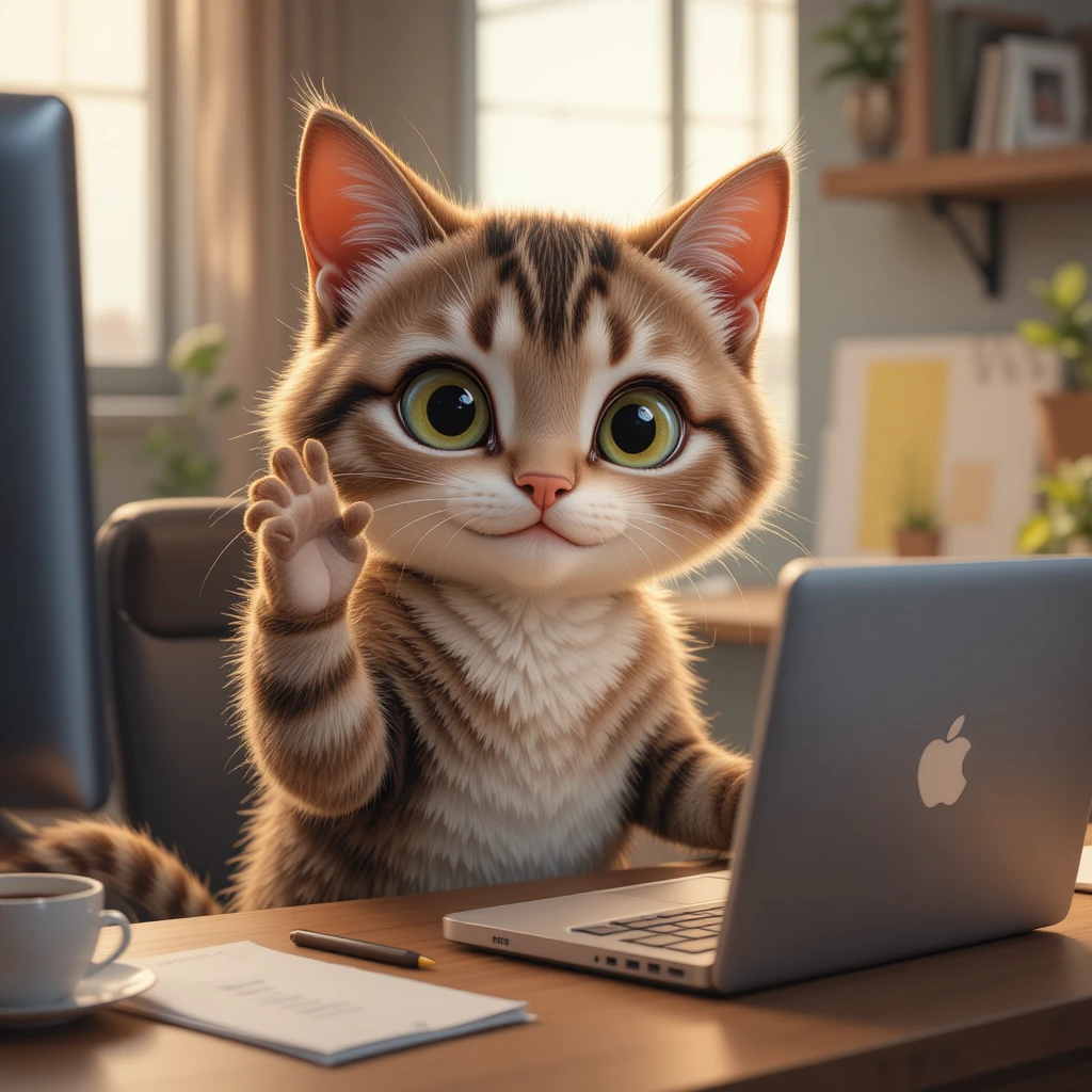 Tierno gato antropomórfico trabajando en un escritorio acogedor en casa
