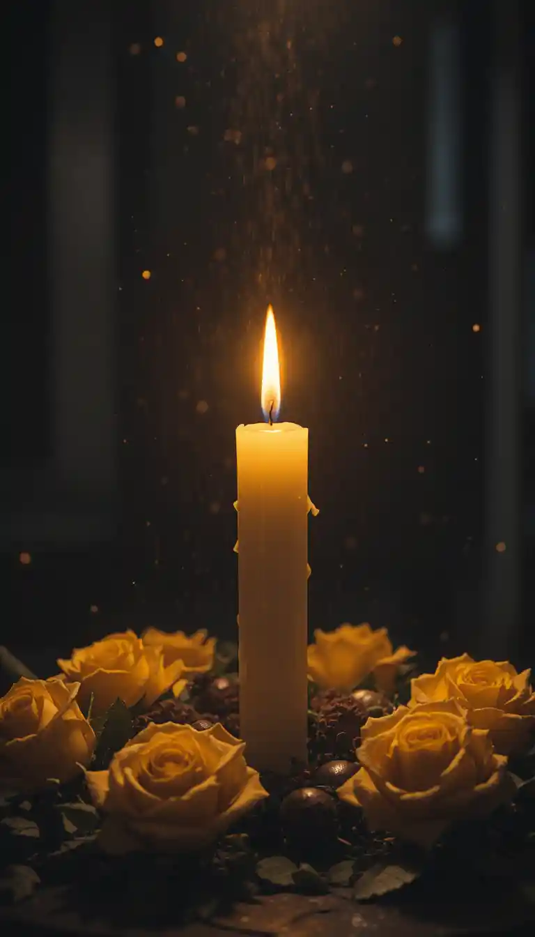 Single glowing candle with yellow roses in darkness