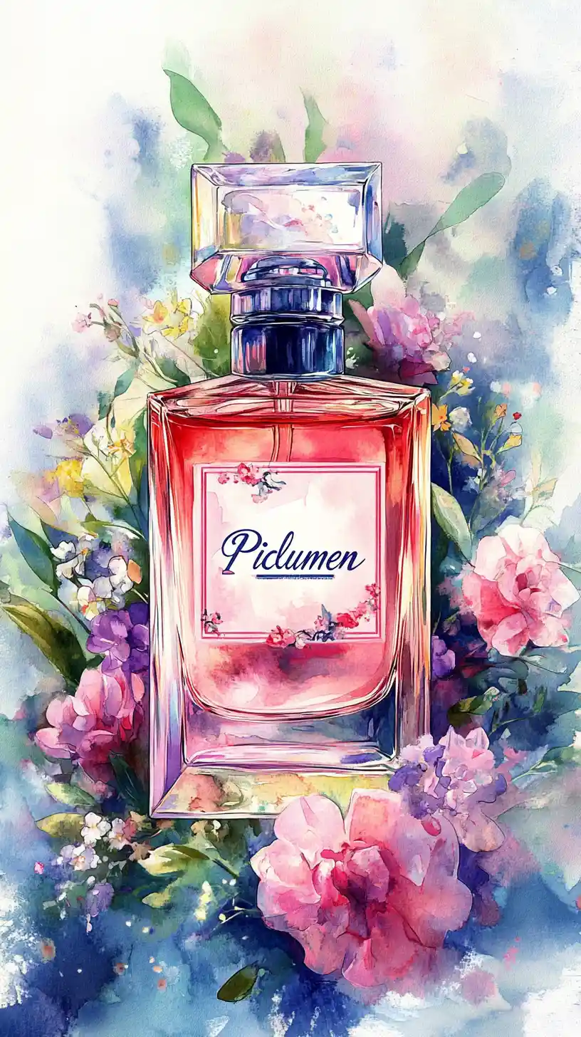 Aquarell-Illustration eines Parfümflakons mit zarten Blumenakzenten