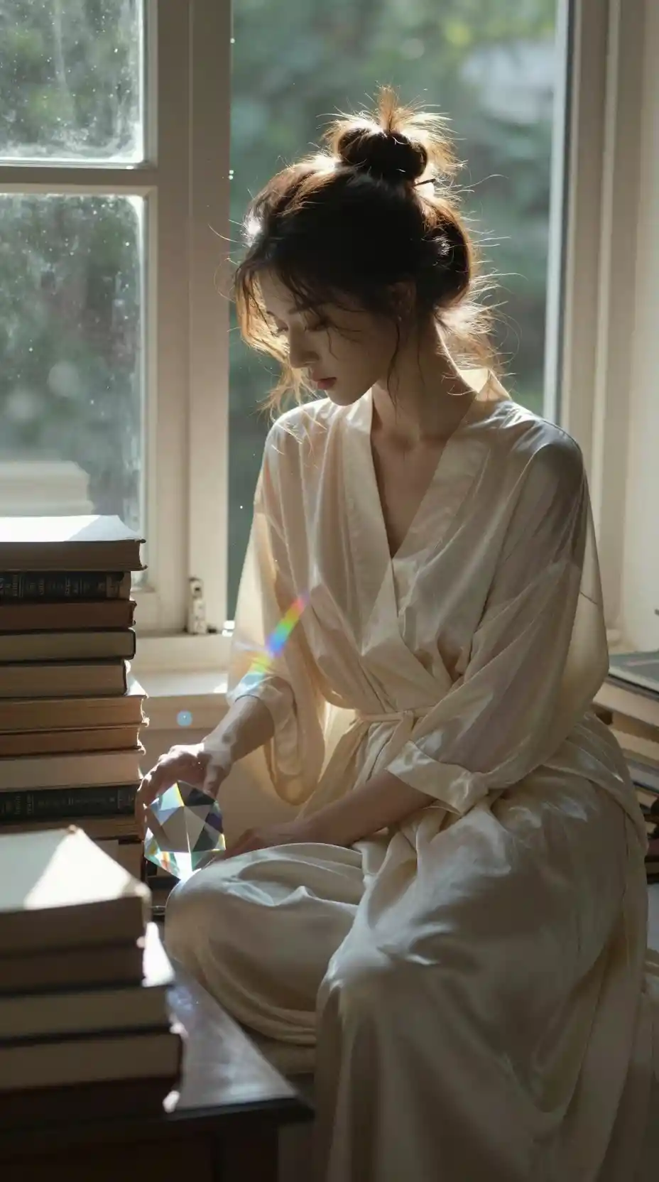 Chica soñadora en un asiento de ventana con luz de la mañana