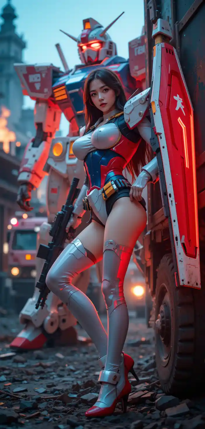 Donna di Hong Kong in armatura ispirata a Gundam in una posa audace