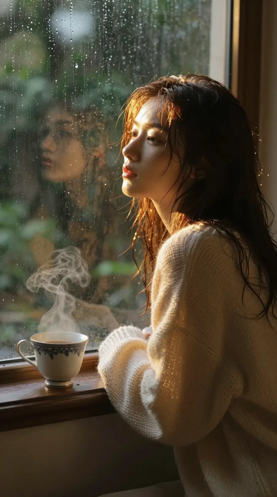 Fille à la Fenêtre Sous la Pluie, Baignée d’une Chaleureuse Lumière Dorée