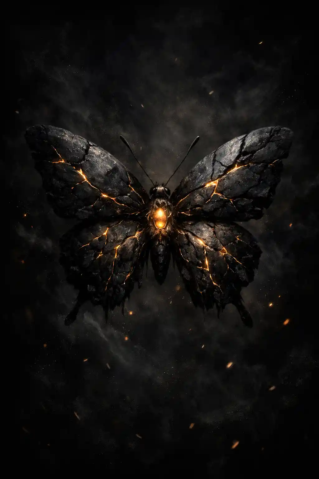Cracked stone butterfly glowing softly in the dark
