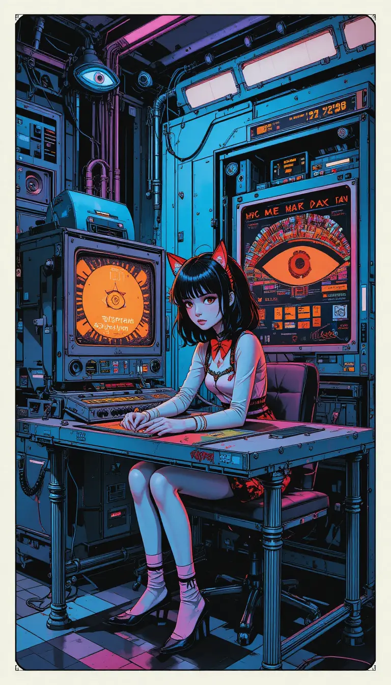 復古主機電腦桌旁的動漫忍者少女
