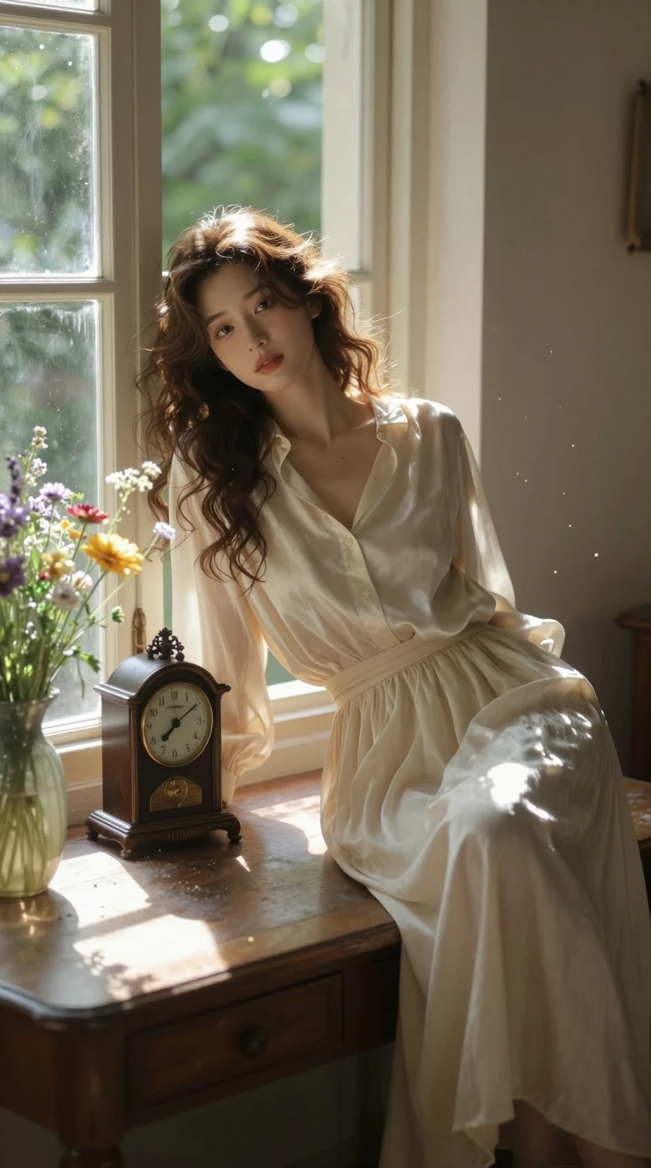 Ragazza alla finestra illuminata dal sole in un pomeriggio nostalgico